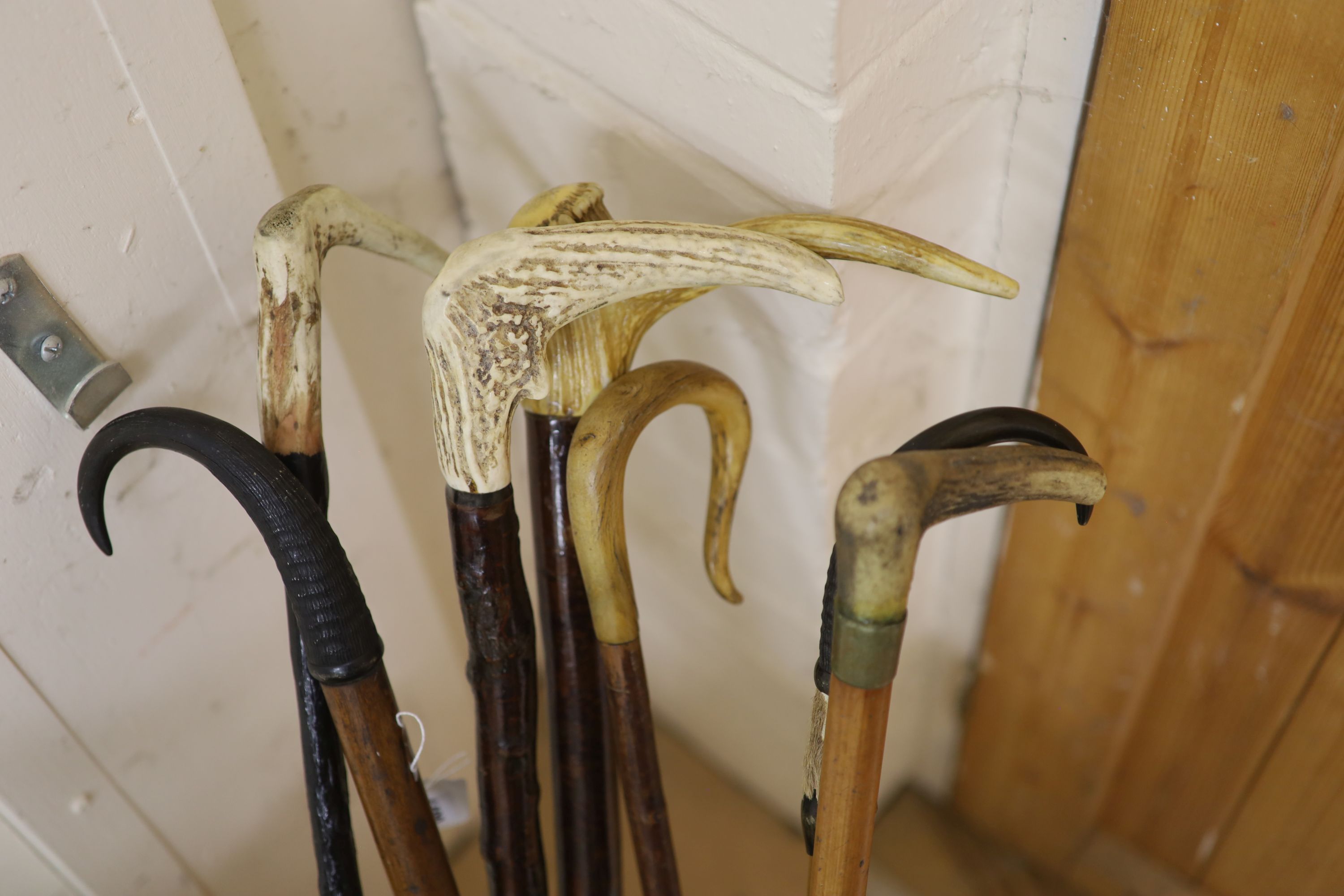 A collection of eight horn and antler handled walking sticks